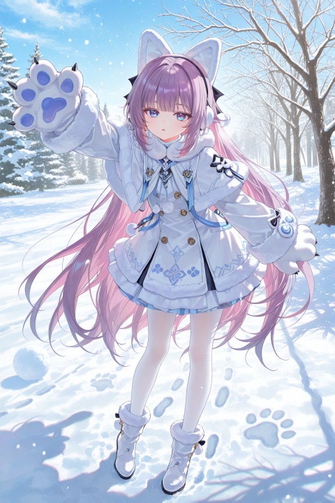 tashkent \(azur lane\),1girl, solo, long hair, looking at viewer, blush, open mouth, blue eyes, long sleeves, hair ornament, gloves, dress, animal ears, ribbon, very long hair, standing, full body, hair ribbon, purple hair, pantyhose, outdoors, parted lips, boots, sky, white gloves, white dress, arm up, coat, tree, fur trim, fake animal ears, capelet, leaning forward, shadow, white footwear, standing on one leg, outstretched arm, white pantyhose, pom pom \(clothes\), snow, animal hands, white coat, snowing, winter clothes, white capelet, earmuffs, paw gloves, fur-trimmed coat, fur-trimmed sleeves, winter, fur-trimmed capelet, fur-trimmed dress, fur-trimmed boots, footprints, fur-trimmed footwear, snowball
,masterpiece, best quality, high quality, extremely detailed CG unity 8k wallpaper, extremely detailed, High Detail, vibrant colors, anime style, ((artist:reoen), (artist:atdan), year 2024:0.8), [[artist:rhasta]], artist:tidsean ,mafuyu,topu,artist:kedama milk,rurudo,hiten_(hitenkei),weri,official_art, game cg,honkai impact 3rd, newest,3d,absurdres, highres, official art,masterpiece, best quality, good quality,{{ciloranko}}, [artist:ke-ta],[[[artist:fuzichoco,artist:torino_aqua,miwabe_sakura]]], [[[aoi ogata]]],highres,detailed,hyper-detailed,year 2024,year 2023,lighting,shadows,contrast,saturated,high resolution,64K,crisp,uhd,newest,8K,HDR,reia, (hiten_(hitenkei):0.6), (maccha_(mochancc):0.5),