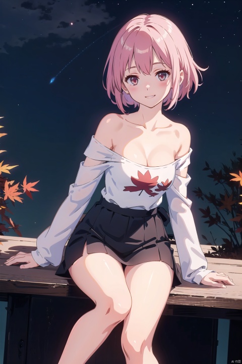 maple leaf, strawberry background, 1girl, mature lady, if they mated, solo, (medium breasts, cleavage), loose t-shirt, off shoulder, starry sky on starry sky print skirt, bare thighs, long sleeves, sleeves past wrists, grin, ((dynamic poses, dynamic angles, sitting, sitting on table), thighs gap, wind lift, wind, npmaybe, hidden privates), autumn foliage, pinkish-red scenery, young lady, solitary, plunging neckline, baggy tee, drooping off-the-shoulder design, galaxy night sky printed miniskirt, exposed upper legs, extended arm coverings, cuffs past hands, smile, 