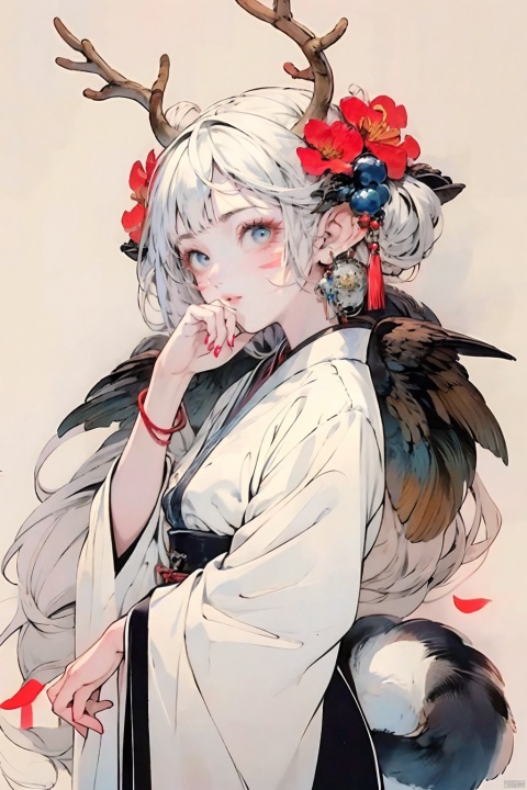  (masterpiece:1.2),best quality,highres,extremely detailed CG,perfect lighting,8k wallpaper,anime,comic,game CG,1girl,solo,rabbit tail,blue eyes,hair ornament,looking at viewer,chinese clothing,hanfu,hair flower,antlers,flower,simple background,facial mark,long sleeves,upper body,hand up,spot color,whisker markings,wide sleeves,from side,tassel,closed mouth,blush,hand on own chin,bangs,sash,parted lips,FF