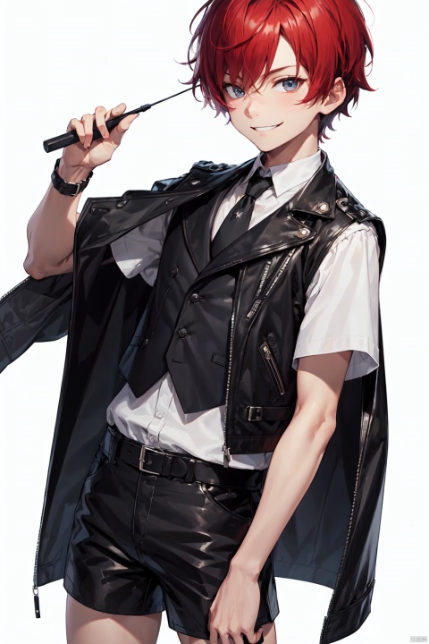 1boy,shota, chaps, riding crop, standing, holding, red hair, short hair, simple background, white background,Black Leather Shorts, Black Leather Vest, Arrogant Emoji,8K,{Cocky Smile}, best quality,coatless, amazing quality, very aesthetic,