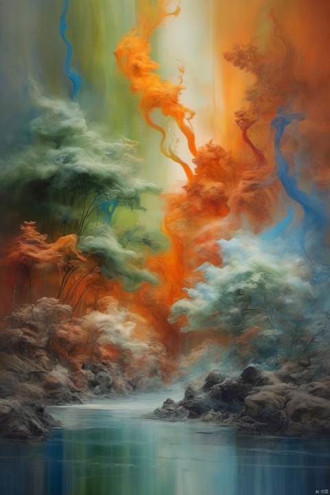 Oil painting, Impressionism, Colorful, Bering_ Darkness, surrounded by black smoke and dark clouds in the kingdom of darkness, green bamboo, inspired by Alberto Seveso, the duality of orange flames/blue ice, fractal human contours, realistic 3D rendering of red, blue, and orange, themes made of broken clay, made of lava, extremely detailed, absurd, (colorful), abstract background, fractal, (floral) exquisite visual effects, soft colors, art, Amazing depth, super details, masterpieces of engineering leaders, strategic planning, rich and colorful, peaceful visual effects, artistic super details, texture and best quality, masterpieces, super details, perfect composition, best image quality, super-resolution, surreal themes, dreamy realism, dreamy creations, terrifying color schemes, surrealism, abstraction, psychedelic, (8k, RAW photo, best quality, masterpiece: 1.2), (realistic, photo fidelity: 1.37), 4k texture, HDR, complex, highly detailed, clear focus, soothing tones, maze details, crazy details, complex details, HDR,