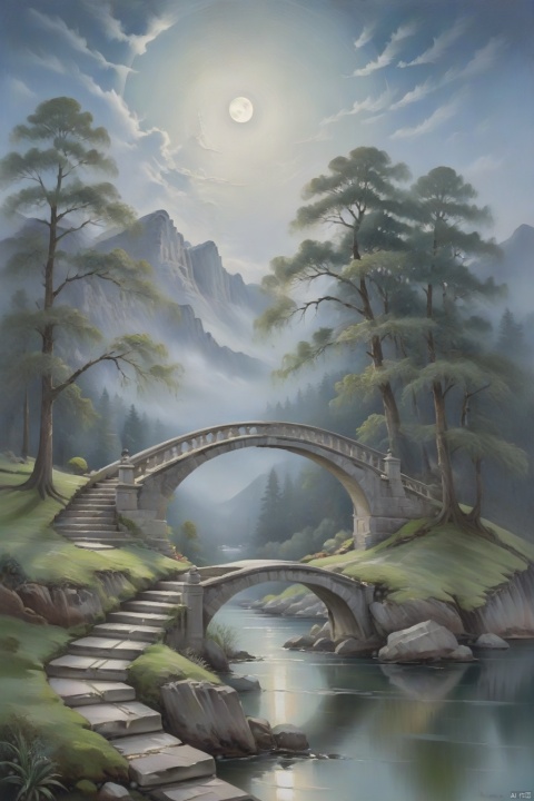 Oil painting, Classical oil painting, water scenery, architecture, trees, houses, mountains, moon, clouds, moonlight, river, reflection, arch bridge, steps, pavilion, moss, rocks, sky, clouds, fog, hd,