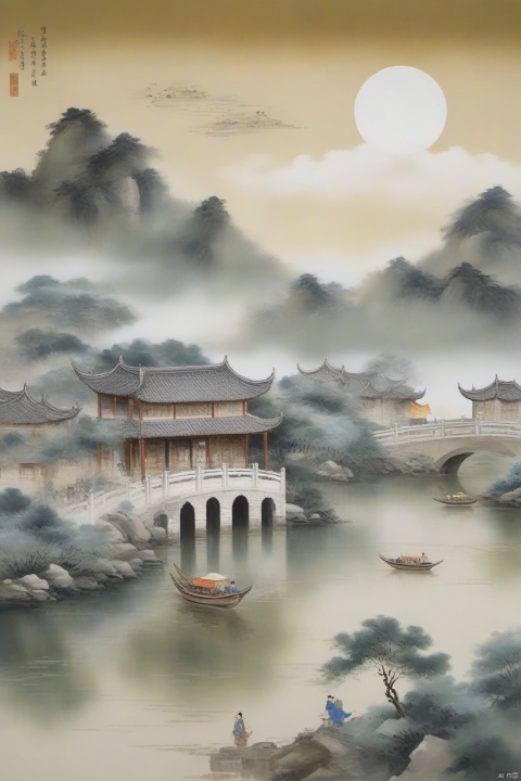 Oil painting, Wall mural style with gold-colored paint,Scenery of the Jiangnan water towns,Huizhou-style architecture,trees,houses,mountains,moon,clouds,moonlight,river,reflection,arch bridge,steps,pavilion,moss,rocks,sky,cloud,fog,