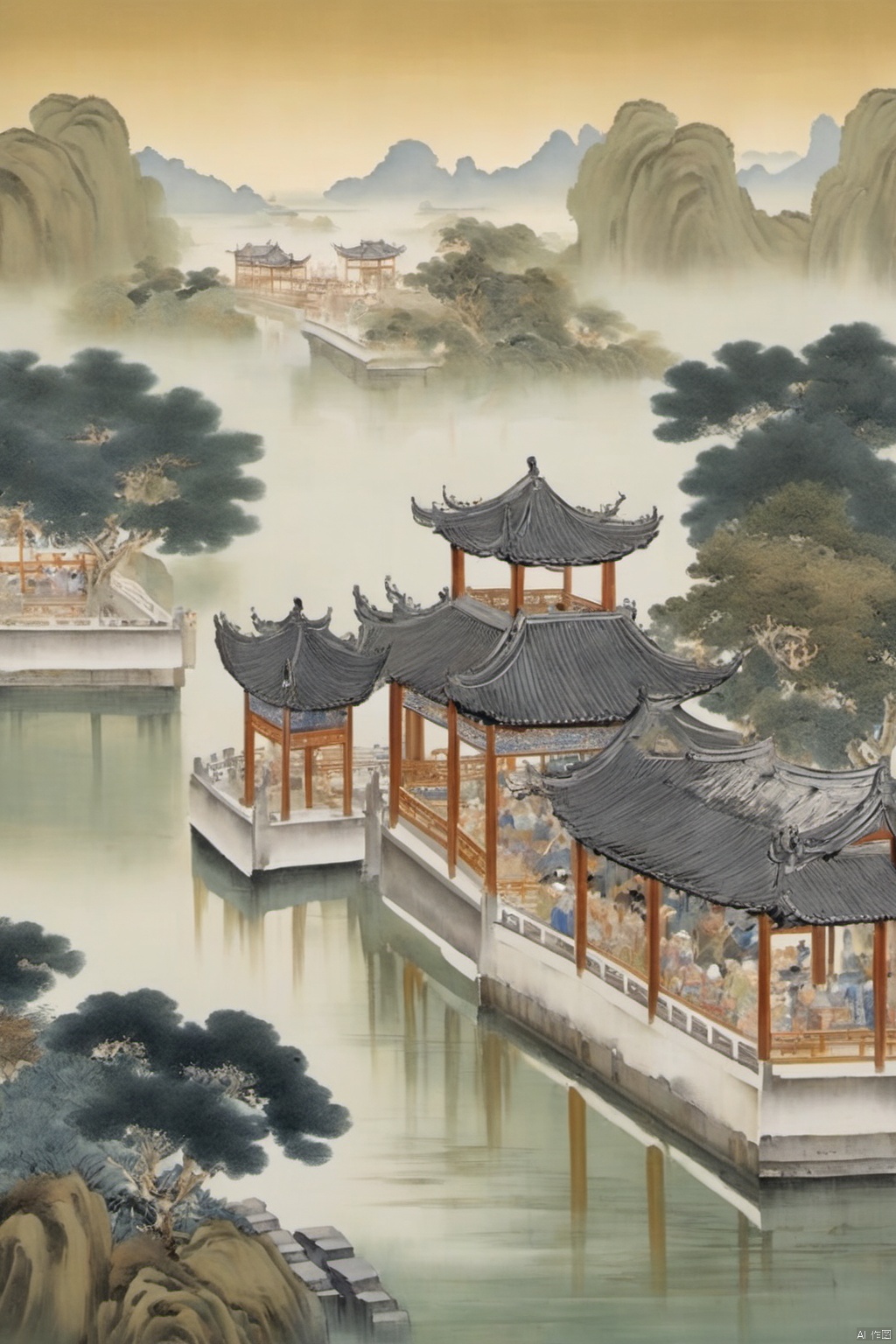Oil painting, Wall mural style with gold-colored paint,Scenery of the Jiangnan water towns,Huizhou-style architecture,trees,houses,mountains,moon,clouds,moonlight,river,reflection,arch bridge,steps,pavilion,moss,rocks,sky,cloud,fog,