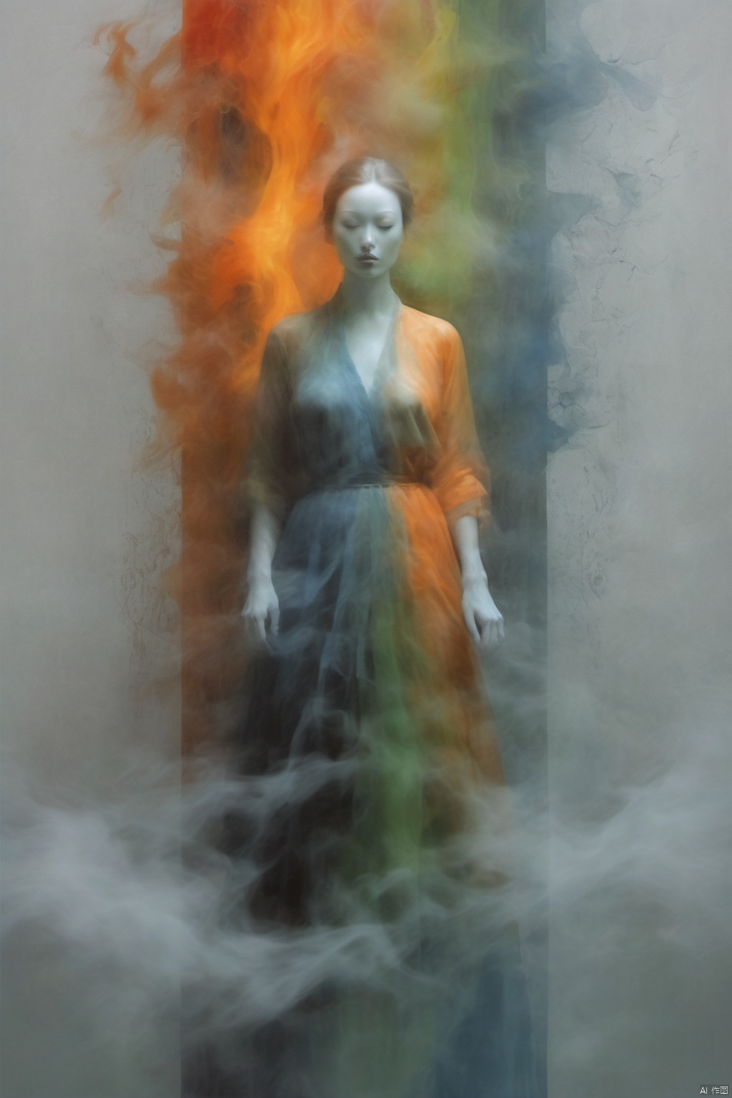 Oil painting, Impressionism, Colorful, Bering_ Darkness, in a kingdom of darkness, surrounded by black smoke, shrouded in dark clouds, green bamboo,Inspired by Alberto Seveso, the duality of orange fire/blue ice, fractal human contours, realistic 3D rendering of red, blue and orange, themes made of cracked clay, women, made of lava