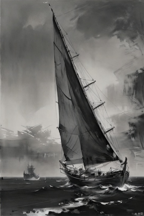 Sketching art, charcoal lines, strong black, reminiscent of Carne Griffiths' highly detailed lines, full of Wadim Kashime's texture, light and breathable like Carl Larsson's works. Old boats, black sails, pirate boats, wind, sea, sports, wind, heavy rain, featuring Pascal Blanche style surrealism, soft, elegant, dramatic lighting, grayscale, expressive camera angles, matte, concept art, Collapse, JxpFG (Style), monochrome