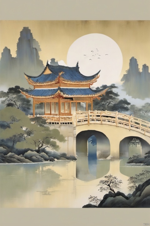 Oil painting, Wall mural style with gold-colored paint,Scenery of the Jiangnan water towns,Huizhou-style architecture,trees,houses,mountains,moon,clouds,moonlight,river,reflection,arch bridge,steps,pavilion,moss,rocks,sky,cloud,fog,