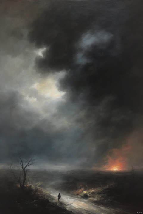 Oil painting, Impressionism, colorful,,bailing_darkness, in the dark country, surrounded by black smoke, dark clouds,