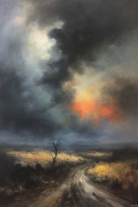 Oil painting, Impressionism, colorful,,bailing_darkness, in the dark country, surrounded by black smoke, dark clouds, bichu