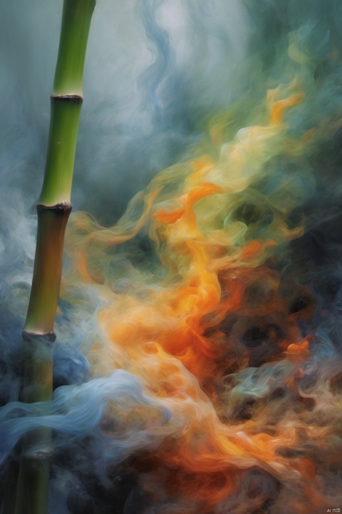 Oil painting, Impressionism, Colorful, Bering_ Darkness, surrounded by black smoke and dark clouds in the kingdom of darkness, green bamboo, inspired by Alberto Seveso, the duality of orange flames/blue ice, fractal human contours, realistic 3D rendering of red, blue, and orange, themes made of broken clay, made of lava, extremely detailed, absurd, (colorful), abstract background, fractal, (floral) exquisite visual effects, soft colors, art, Amazing depth, super details, masterpieces of engineering leaders, strategic planning, rich and colorful, peaceful visual effects, artistic super details, texture and best quality, masterpieces, super details, perfect composition, best image quality, super-resolution, surreal themes, dreamy realism, dreamy creations, terrifying color schemes, surrealism, abstraction, psychedelic, (8k, RAW photo, best quality, masterpiece: 1.2), (realistic, photo fidelity: 1.37), 4k texture, HDR, complex, highly detailed, clear focus, soothing tones, maze details, crazy details, complex details, HDR,