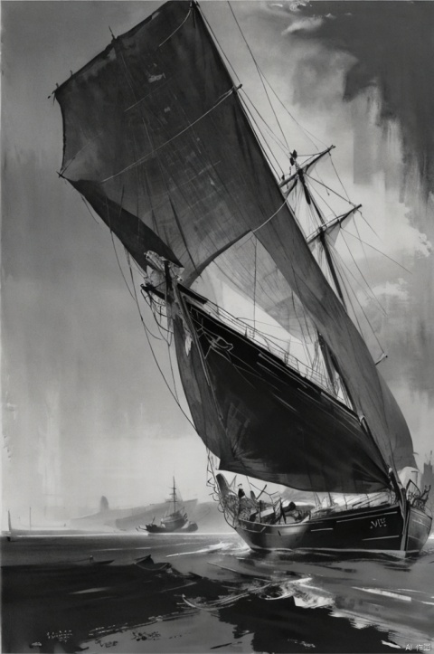 Sketching art, charcoal lines, strong black, reminiscent of Carne Griffiths' highly detailed lines, full of Wadim Kashime's texture, light and breathable like Carl Larsson's works. Old boats, black sails, pirate boats, wind, sea, sports, wind, heavy rain, featuring Pascal Blanche style surrealism, soft, elegant, dramatic lighting, grayscale, expressive camera angles, matte, concept art, Collapse, JxpFG (Style), monochrome
