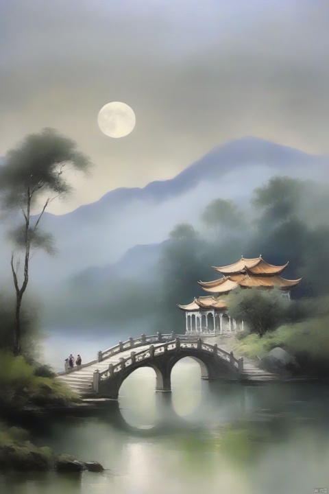 Oil painting, Classical oil painting, water scenery, architecture, trees, houses, mountains, moon, clouds, moonlight, river, reflection, arch bridge, steps, pavilion, moss, rocks, sky, clouds, fog, hd,