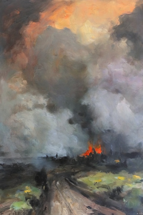 Oil painting, Impressionism, colorful,,bailing_darkness, in the dark country, surrounded by black smoke, dark clouds, bichu