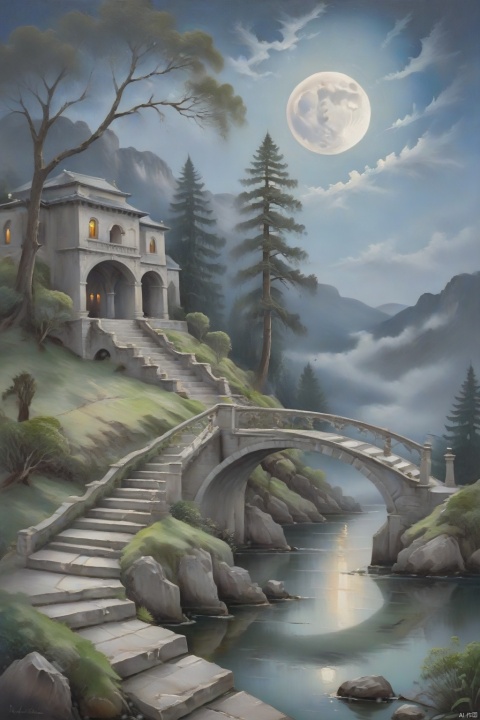 Oil painting, Classical oil painting, water scenery, architecture, trees, houses, mountains, moon, clouds, moonlight, river, reflection, arch bridge, steps, pavilion, moss, rocks, sky, clouds, fog, hd,