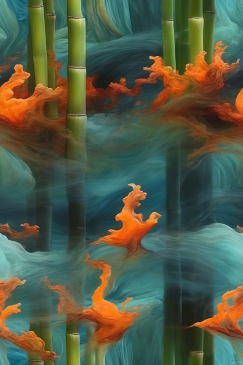 Oil painting, Impressionism, Colorful, Bering_ Darkness, surrounded by black smoke and dark clouds in the kingdom of darkness, green bamboo, inspired by Alberto Seveso, the duality of orange flames/blue ice, fractal human contours, realistic 3D rendering of red, blue, and orange, themes made of broken clay, made of lava, extremely detailed, absurd, (colorful), abstract background, fractal, (floral) exquisite visual effects, soft colors, art, Amazing depth, super details, masterpieces of engineering leaders, strategic planning, rich and colorful, peaceful visual effects, artistic super details, texture and best quality, masterpieces, super details, perfect composition, best image quality, super-resolution, surreal themes, dreamy realism, dreamy creations, terrifying color schemes, surrealism, abstraction, psychedelic, (8k, RAW photo, best quality, masterpiece: 1.2), (realistic, photo fidelity: 1.37), 4k texture, HDR, complex, highly detailed, clear focus, soothing tones, maze details, crazy details, complex details, HDR,