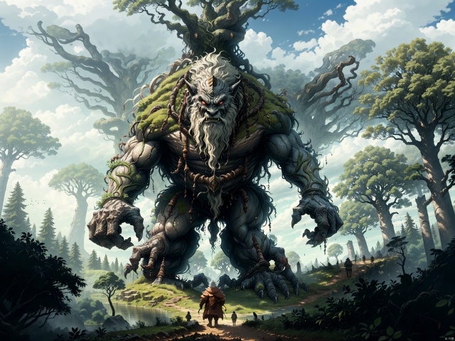  tree monster, Ancient of War,(Ancient of War:There are big trees on his back,The tree had human features, eyes, a nose, a beard, strong arms,An old tree, a great sky tree, a tree demon, with whiskers, and many elven huts on the tree, the branches are arms, and you can walk by the roots),
In the great forest, near the old trees, there were many medieval knights,
Best quality, 8k, cg,Masterpiece, Best quality,Blue sky, white clouds, breeze, moat, lush woods, sunny, style of sublime light effect, translucent fluorescent, colossus, taoist, transparent,
 levitating,
meticulous fabric depiction, exquisite light and shadow, photography, original photos, meticulous background, 8K, high-definition, movie style, ultra-fine,abs cutout,
