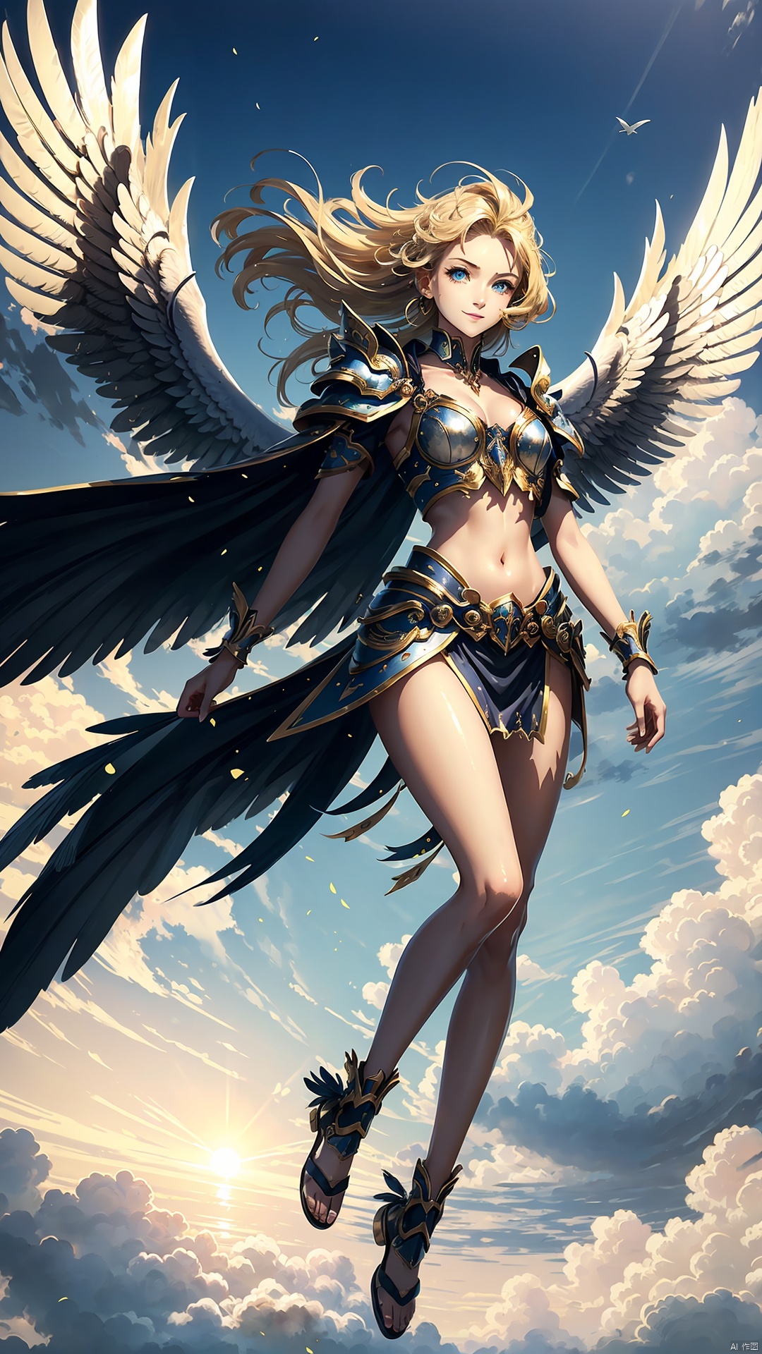 Flying, in the air,(flying in the air:1.1),(only A pair of giant wings:1.1),Masterpiece, Best quality,solo,facing the audience,up close,(full body:1.2),An archangel, flying in the sky, beauty, she has the wings of an eagle, wings spread out in the sky soaring, standard beauty, medium breasts, half-naked upper body, silver armor, thighs exposed, collarbone exposed, nine heads, behind the blue sky and white clouds, a storm is coming, blond hair, long hair, hair fluttering in the wind, blue eyes, big eyes, Beautiful eyes, delicate features, thin waist, bare navel, smiling expression, ready to dive down, feathers flying in the sky, the sun beating down on the earth,Beautiful face, delicate features, beautiful face,Suspended in the air, feet off the ground,The sun shone on her face,