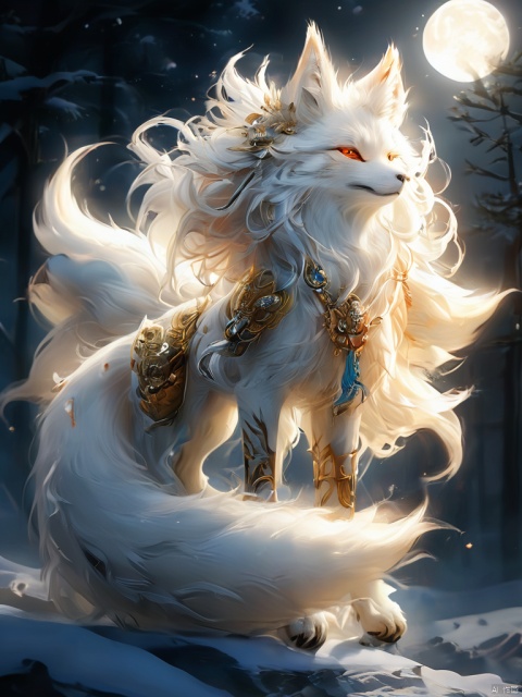  (Realistic picture, HD quality, 8K quality, Film quality, detail, beautiful picture, beautiful detail, detailed detail, beautiful face, beautiful features, wmchahua, illustration, oversized animal,),
(Nine-tailed fox, white, moon),(solo),huge,cute,with armor,(full body:1.2),oversizedanimal,