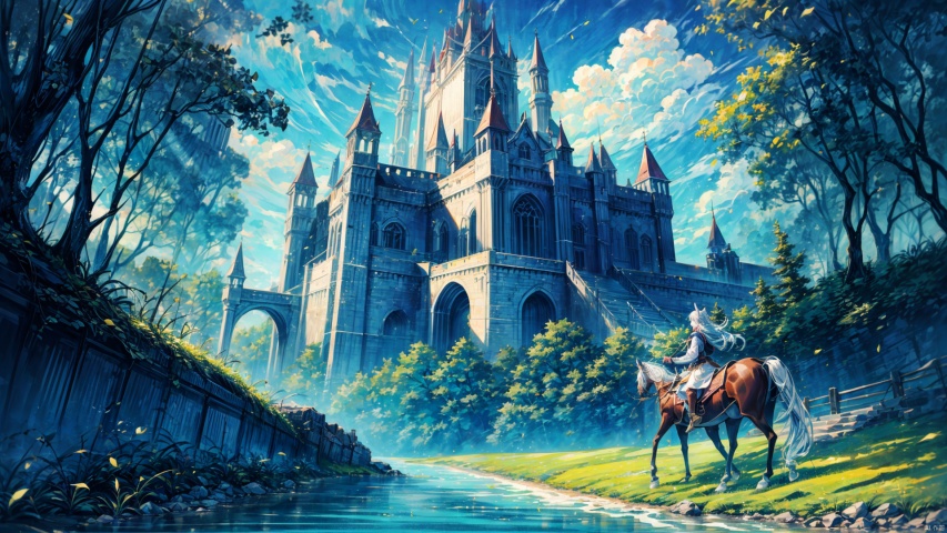 A magic castle,(castle:Panoramic display:1.3),Best quality, 8k, cg,Completely independent castle with no other buildings around it,Show the complete castle, not the buildings close to the camera,The huge castle dominates the picture,Masterpiece, Best quality,Blue sky, white clouds, breeze, moat, lush woods, sunny,

horses outside the castle, horses drinking by the river, cavalry patrolling the forest, a world of magic, dragons in the sky,