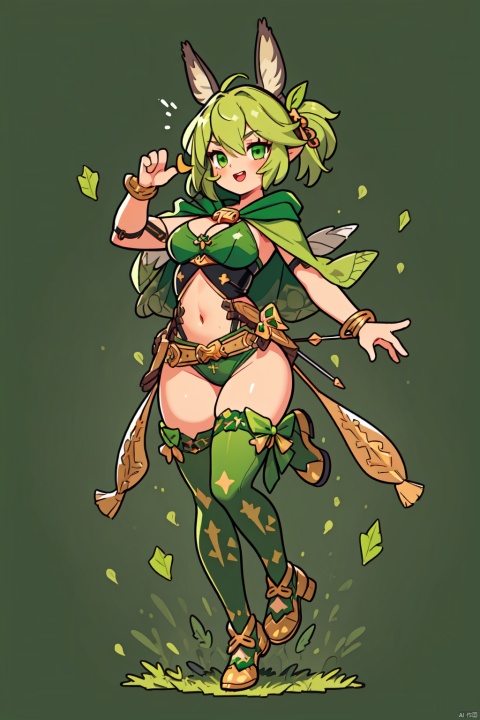  1girl,animated character, ((sagittary:1.3)),cape, hide, bone decoration, leaf decoration, sexy, exposed thighs, leather,
Her decked out in an big green themed ensemble,Happy running and jumping,the long bow in her hand,
(full body:1.4)

((on a green portrait:1.2)),green background,

masterpiece,best quality, sd mai