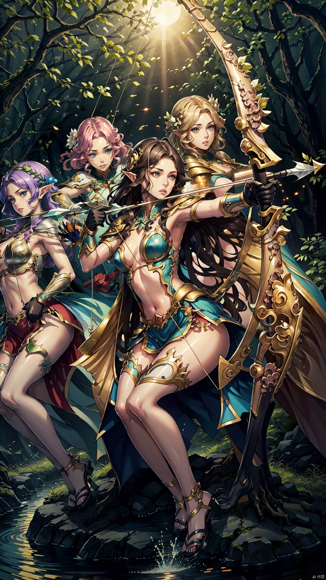  Masterpiece, Best quality,8K,

3 girls,drawing bow,(3 girls Shoot arrows:1.3),(girls:archers,bow in hand,drawing bow:1.2), 

(girls:female elf,Nine heads,small waists,full bodies,sexy bodies,delicate lips,beautiful eyes,beautiful mouth,fair skin,clean face,Delicate features),

(Blue Sky:1),(white clouds:1),large dense forest,the sun passing through the woods,the sky has flying dragon,