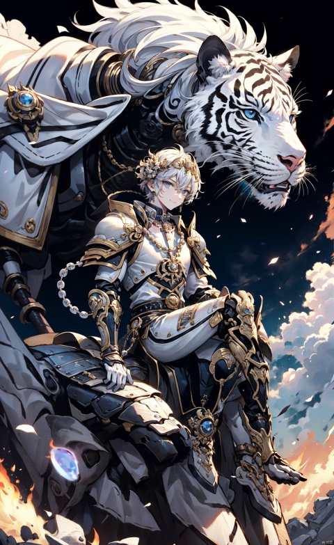 masterpiece,bestquality,8k,officialart,cinematic light,ultrahighres,movie perspective,
1boy,solo,monk,(full body:1.1)muscles,delicate facial features,shiny skin,
muscular, nine-headed, sitting on a white tiger, clear sky, weapons scattered on the ground, smiling, looking at the sky,
(Boy wears white armor: 1.4), (neck with rosary beads: 1.2), (delicate features), white robes,