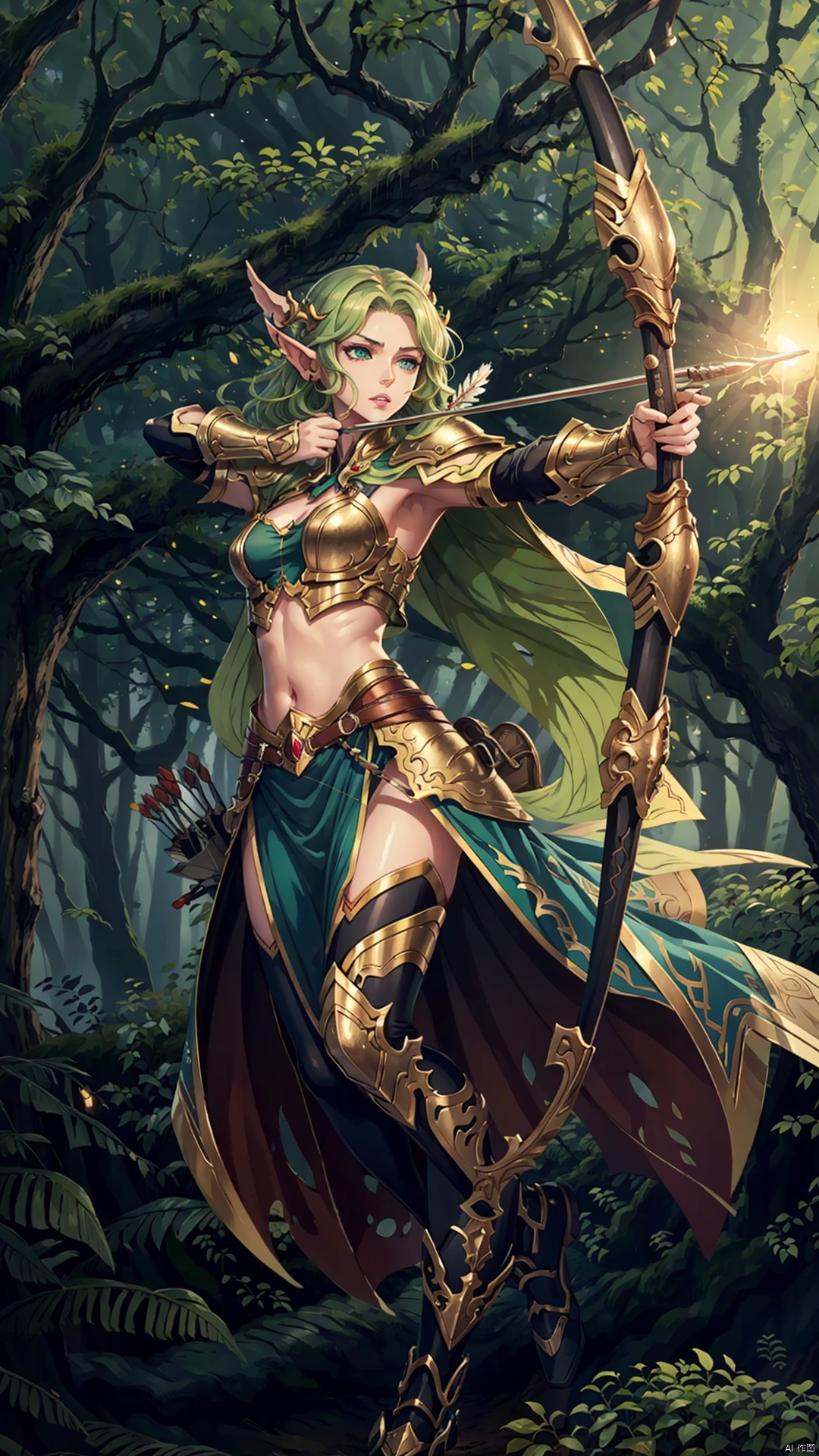  Masterpiece, Best quality,solo,facing the audience,up close,(full body:1.1),Nine heads, small waists, full bodies, sexy bodies, delicate lips,beautiful eyes, beautiful mouth, fair skin, clean face,An elf, a female elf, a blood elf, a night elf, green armor, golden hair, long ears,decorated with leaves, decorated with colorful feathers, eyes shining, hidden in the woods, a large dense forest, the sun passing through the woods,(the state of drawing a bow and archery:1), aiming at the enemy, climbing trees,Standing in the treetops,Standing in the treetops,