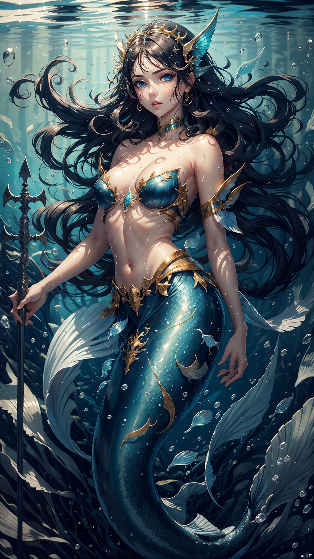  Masterpiece, Best quality,solo,upper body,facing the audience,up close,(full body:1.2),A mermaid, beauty, blue-black hair, long hair, all wet, bare collarbones, half-naked breasts, medium breasts, delicate features, beautiful face, beautiful eyes, big eyes, delicate eyes, super detail, holding a trident in hand, the background is the sea, the waves, the waves, the sexy posture, the silver glittering fish scale, the armor plate of the fish scale, Nine heads, small waists, full bodies, sexy bodies, delicate lips, blue fins, the sea is roaring,Blue eyes, beautiful eyes, beautiful mouth, fair skin, clean face,