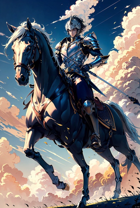 (Masterpiece,best picture quality,nsfw,best quality,8K wallpaper,RAW photo,highres,ultra detailed,High detail RAW color photo,professional photograph),

1 boy,solo,(horseback riding:The horse is galloping),the sun shines on the earth,(Full body shot:1.4),(Delicate features,Black short hair,Perfect body,Strong muscles, thin waist|Nine-headed body|full body|nice body|Perfect figure|exquisite facial features|long legs),

(boy:Spear in hand|white mane on the helmet|Wearing knights white armor:1.2),

(Blue sky and white clouds:1),(Battlefields),(large forests:1), defeated enemies,