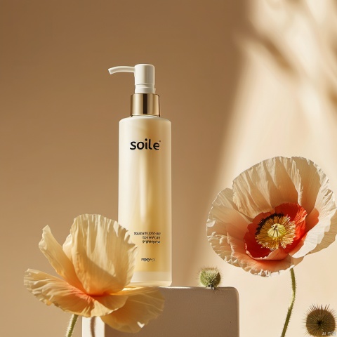 Product photography of a skin care product with flowers on the right side and a beige background. The brand name "SOile" is on a clean bottle body with a white pump head,the text is written in yellow font with no shadow behind it. Soft light shines from top to bottom,creating a warm atmosphere. There were three or four large poppy petals beside the shampoo,adding vitality and freshness. This high-definition photo was taken in the style of professional photographers using Nikon cameras,