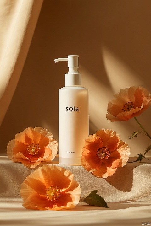 The bottle with a white pump dispenser on top is surrounded by orange flowers on a beige background. The word "SOile" can be clearly seen on the label of the bottle.

- High quality photos capture the details of the scene.
- Soft focus effects applied to certain parts of the image.
- Warm colors dominate the overall aesthetic.
Natural light casts shadows on the fabric surface, adding depth to the composition.
- The central position of the bottle, as the focal point.
- Flowers are arranged symmetrically around the bottle to enhance balance.
- The background evenly fills the space, does not overwhelm individual objects, and does not distract the subject (bottles and flowers).
- Create a calm and serene atmosphere through the choice of lighting and colors.
- Minimalism emphasizes simplicity and elegance.
- The nature-inspired theme complements the beauty of the products on display.