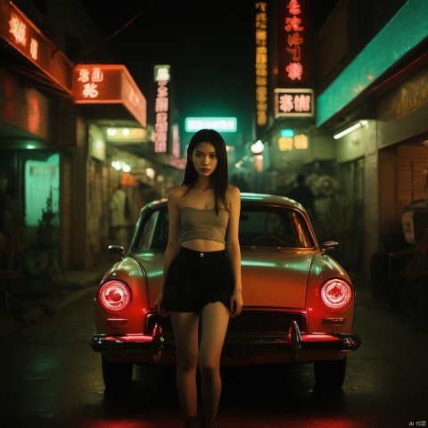  WJweiF, 1girl, aier mote,Front view, neon lights, cars, streets
