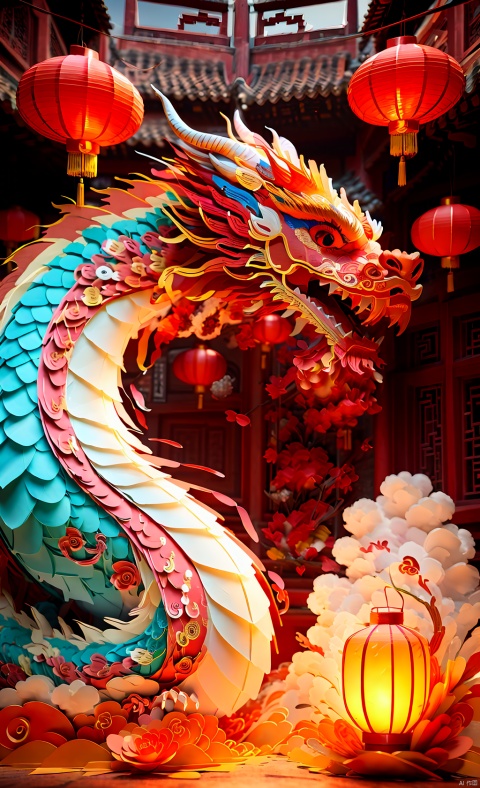  Chinese dragon,Chinese dragon sleeping on clouds, translucent glass, with pearlescent scales with subtle elements of fantasy and magical realism, Cute, festive red, background, lanterns, zbrush, loong, ruby and gold style, anime aesthetics, furry art, red and white, elaborate, c4d rendering, super high detail, 3d, ultra fine detail, photo realistic, 3d stely,C4D, longyeye