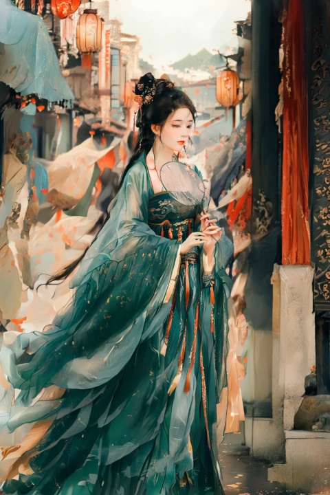 In the bustling ancient-style market, a young woman in her early twenties wears an exquisite emerald green Hanfu, the hem billowing in the wind to occasionally reveal her long legs and sensual hips. The neckline of the Hanfu dips low to display her full bosom and enticing cleavage. She holds a round fan, partially covering her face, with a seductive charm exuding from her eyes.,ananmo