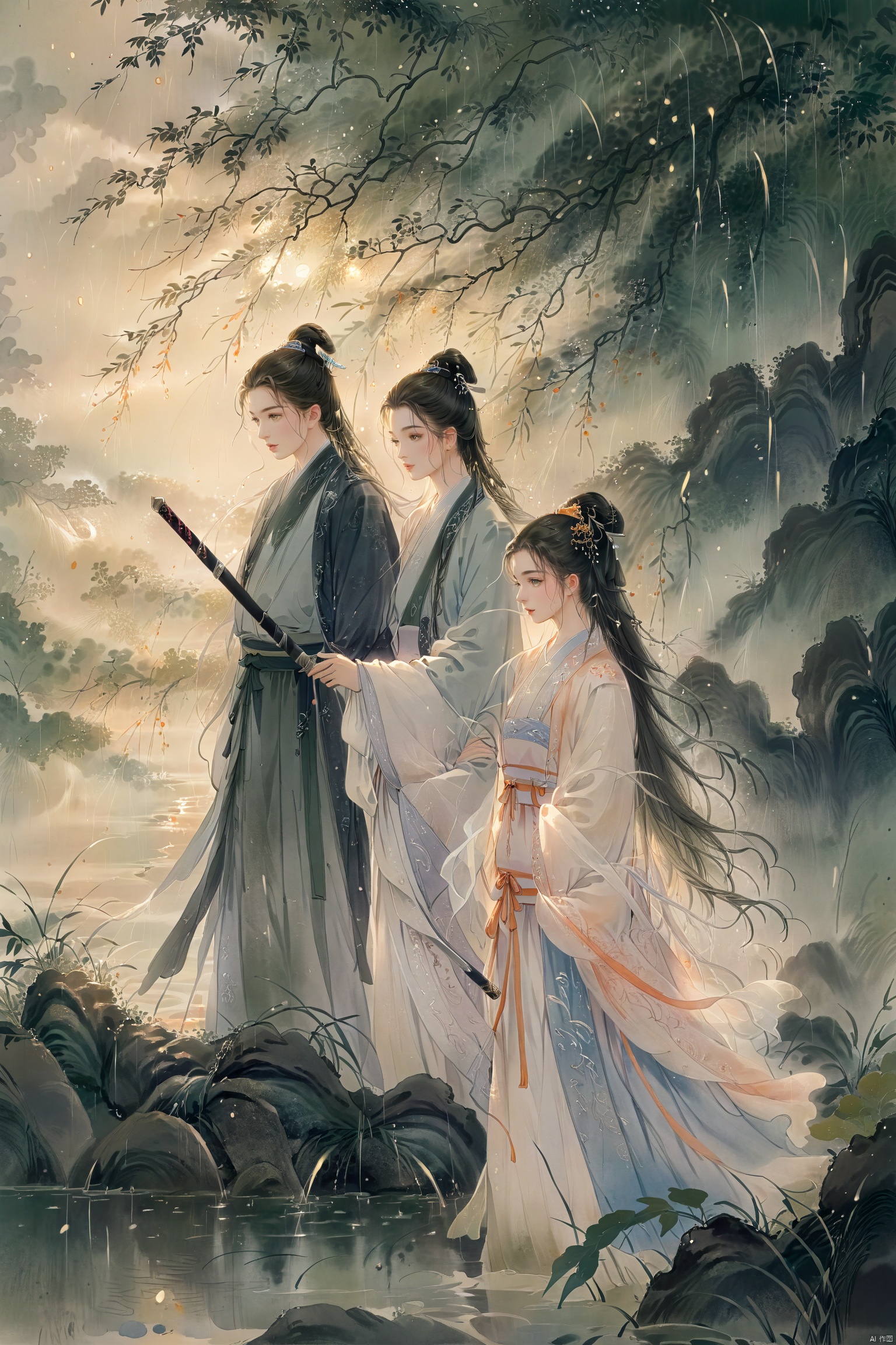  A man in a white Hanfu stands on the flowing riverbank, holding an sword and watching his wife sit in a light blue outfit to shield her from the rain. Illustrated with a romantic river view, soft colors, high resolution, high details, delicate brushstrokes, natural lighting, peaceful atmosphere, ancient China, with a background of green trees, drizzle, high-definition details, depth of field effect, ink painting, texture frosting, diffuse gradient, romantic ancient style, excellent light and shadow, color curves, ananmo, (\shen ming shao nv\), traditional chinese ink painting