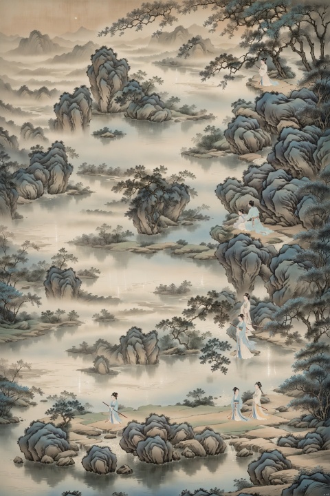  A man in a white Hanfu stands on the flowing riverbank, holding an sword and watching his wife sit in a light blue outfit to shield her from the rain. Illustrated with a romantic river view, soft colors, high resolution, high details, delicate brushstrokes, natural lighting, peaceful atmosphere, ancient China, with a background of green trees, drizzle, high-definition details, depth of field effect, ink painting, texture frosting, diffuse gradient, romantic ancient style, excellent light and shadow, color curves, ananmo, (\shen ming shao nv\), traditional chinese ink painting,ananmo