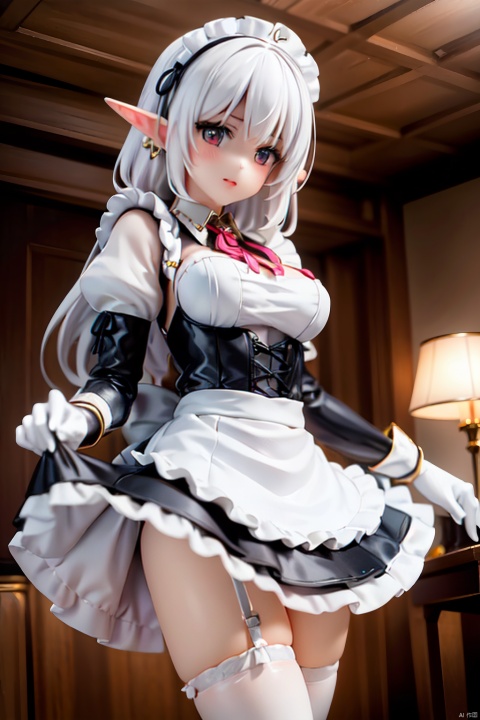  1 girl，white hair，fantasy, maid , elf ears,