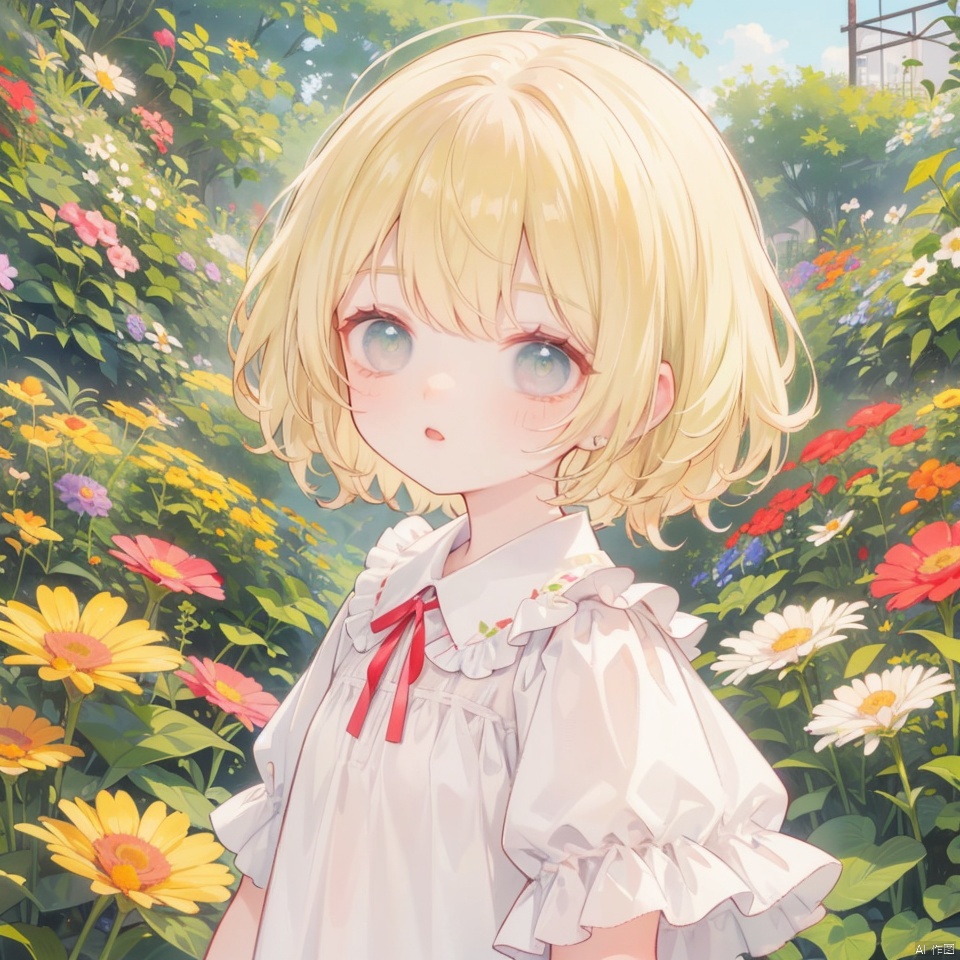  1 tomgirl, smile, short yellow hair, green eyes, solo, looking at viewer, facing the viewer, blush, frills, bangs, garden，flowers