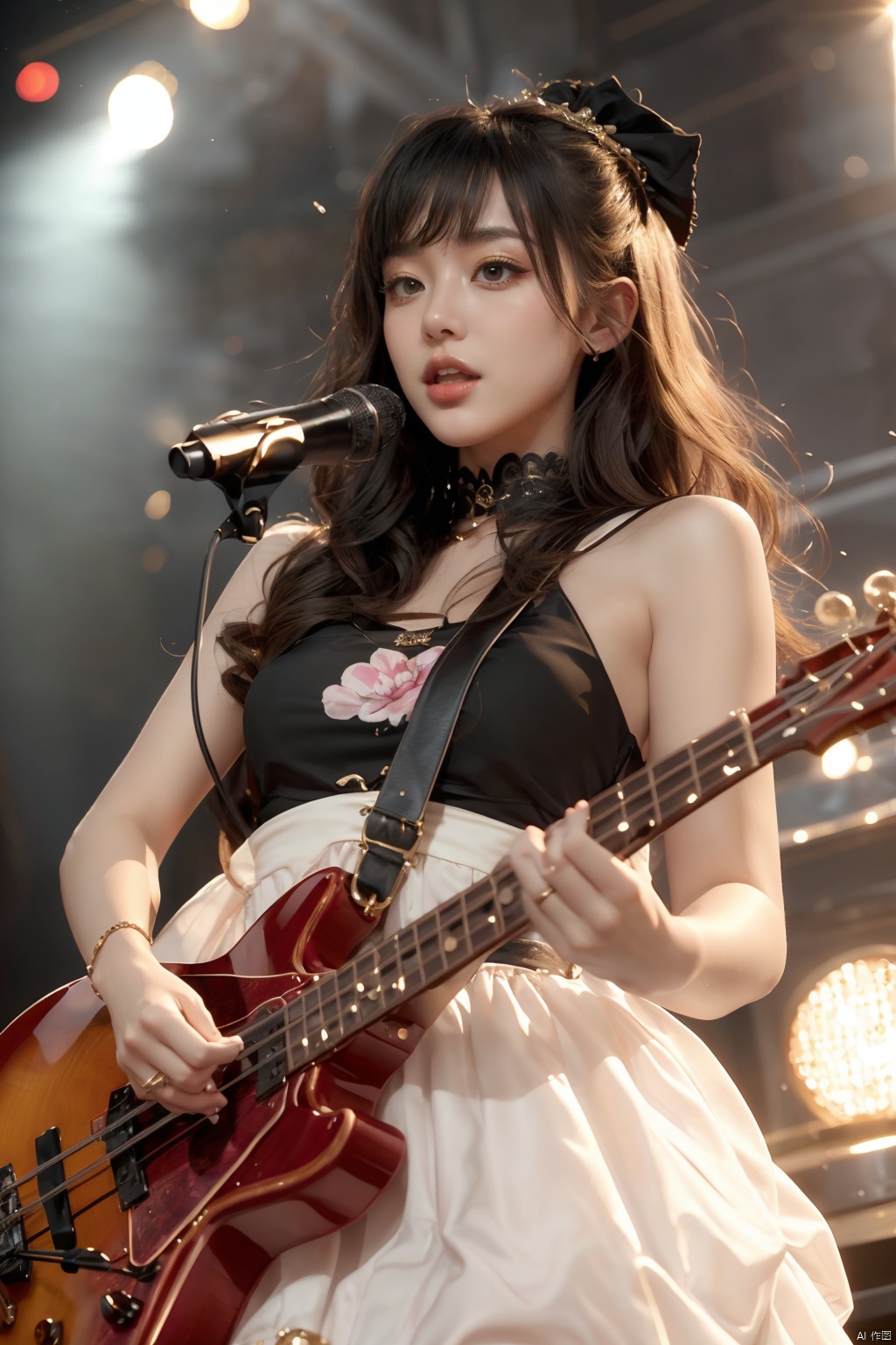  1 girl，solo, blone hair, long hair, punk dress, pretty beautiful makeup, stage, microphone, bass,singing