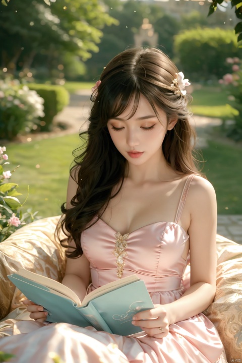  1 girl，solo, blone hair, long hair, princess dress, pretty beautiful makeup, reading a book in the garden, castle, flowers,