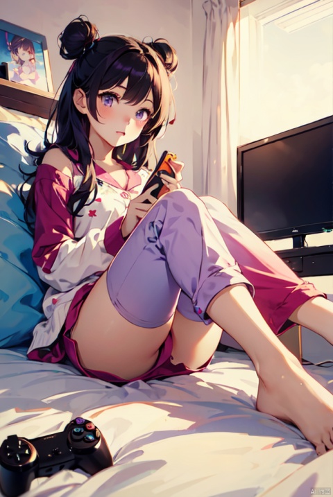  A girl，a bun head, purple hair, cute orange pajamas, in the girl's room, lying on the bed, legs hooked up, playing console games with a game controller，nervous expression looking at console screen,