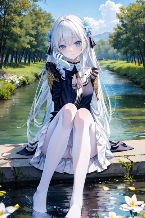  1 tomgirl, smile, long white hair, blue eyes, solo, sitting, long sleeved, pure white pleated_skirt, puff white sleeve, wide sleeve, lace, chiffon, white gloves, looking at viewer, facing the viewer, blush, frills, bangs, closed mouth, outdoor，flowers，river