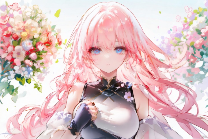  1 tomgirl, smile, long pink hair, green eyes, solo, sleeveless，chest pleated_skirt, lace, chiffon, looking at viewer, facing the viewer, blush, frills, bangs, closed mouth, garden，flowers