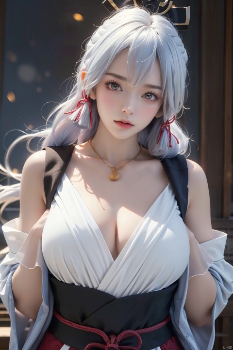  ((masterpiece, best quality, best shadow, official art, correct body proportions, Ultra High Definition Picture master composition)), (((best hands details))), Huge breasts :1.6),full breasts, huge breasts,,
//////
1girl, ((white hair)),white necks, hair ribbon, ponytail, ,necklaces,long hair, hands_behind_back ,braid, hair ornament, (blue eyes), mole, cleavage, (kimono), long sleeves, wide sleeves, mink fur coat,sash, obi, tassel, tomoe\(symbol\), kamisato ayaka
\(genshin impact\), obijime, obiage, thighs,bare shoulders
//////
In winter, snow, eaves, (the breath of mist), kamisato ayaka