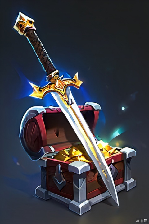 chest, a lot of gold, sword
