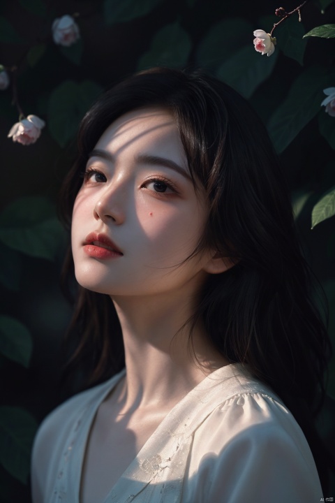 masterpiece, extremely detailed 8k wallpaper,best quality), (best illumination, best shadow, extremely delicate and beautiful), dynamic angle, floating, finely detail, Depth of field (bloom), (shine), glinting stars, classic, (illustration), (painting), (sketch),a girl,leafs on the face