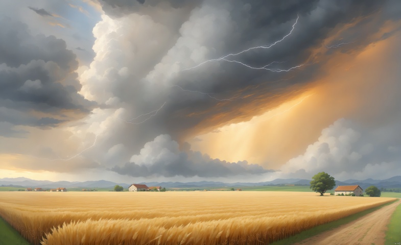 downburst cloud Asperitas clouds_1.3, Background gold Wheat Field, Accompanied by orange lightning and heavy rain, Cloudy day, landscape,乡村