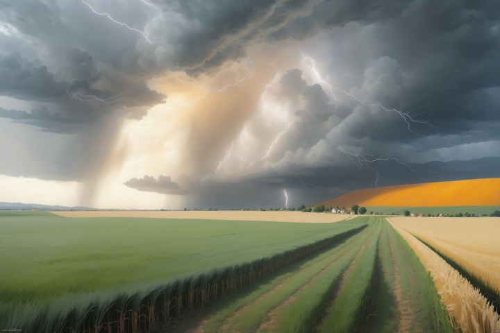  downburst cloud Asperitas clouds_1.3, Background gold Wheat Field, Accompanied by orange lightning and heavy rain, Cloudyday,landscape,乡村