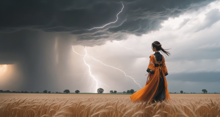 1gir, Back view, black skirt, Extreme far from cam, through a soft-focus lens, downburst cloud Asperitas clouds_1.3, Background gold Wheat Field, (Storm), Accompanied by orange lightning and heavy rain, Cloudy day, landscape, The trees are in the distance, Rural area,乡村, arien_hanfu