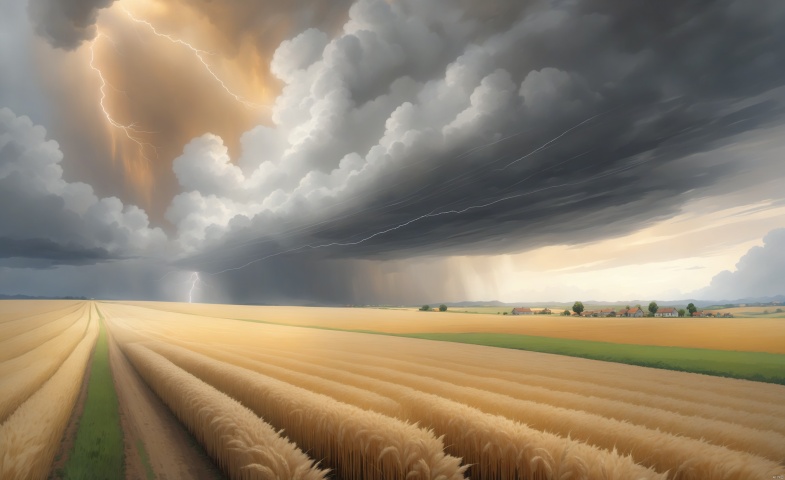 downburst cloud Asperitas clouds_1.3, Background gold Wheat Field, Accompanied by orange lightning and heavy rain, Cloudy day, landscape,乡村